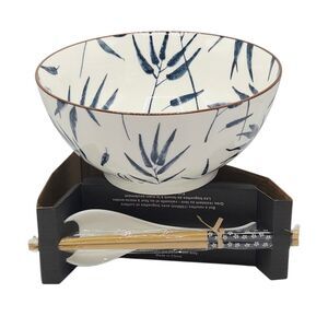 SH Home Blue Bamboo Ceramic Ramen Noodle Bowl 54oz With Chopsticks And Spoon 4pc